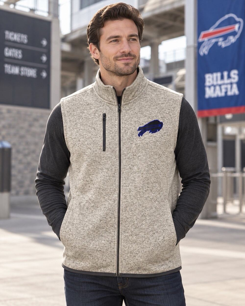 Buffalo Bills Men’s Large Gray Sweater Fleece Vest Full Zip NFL Game Day NWT